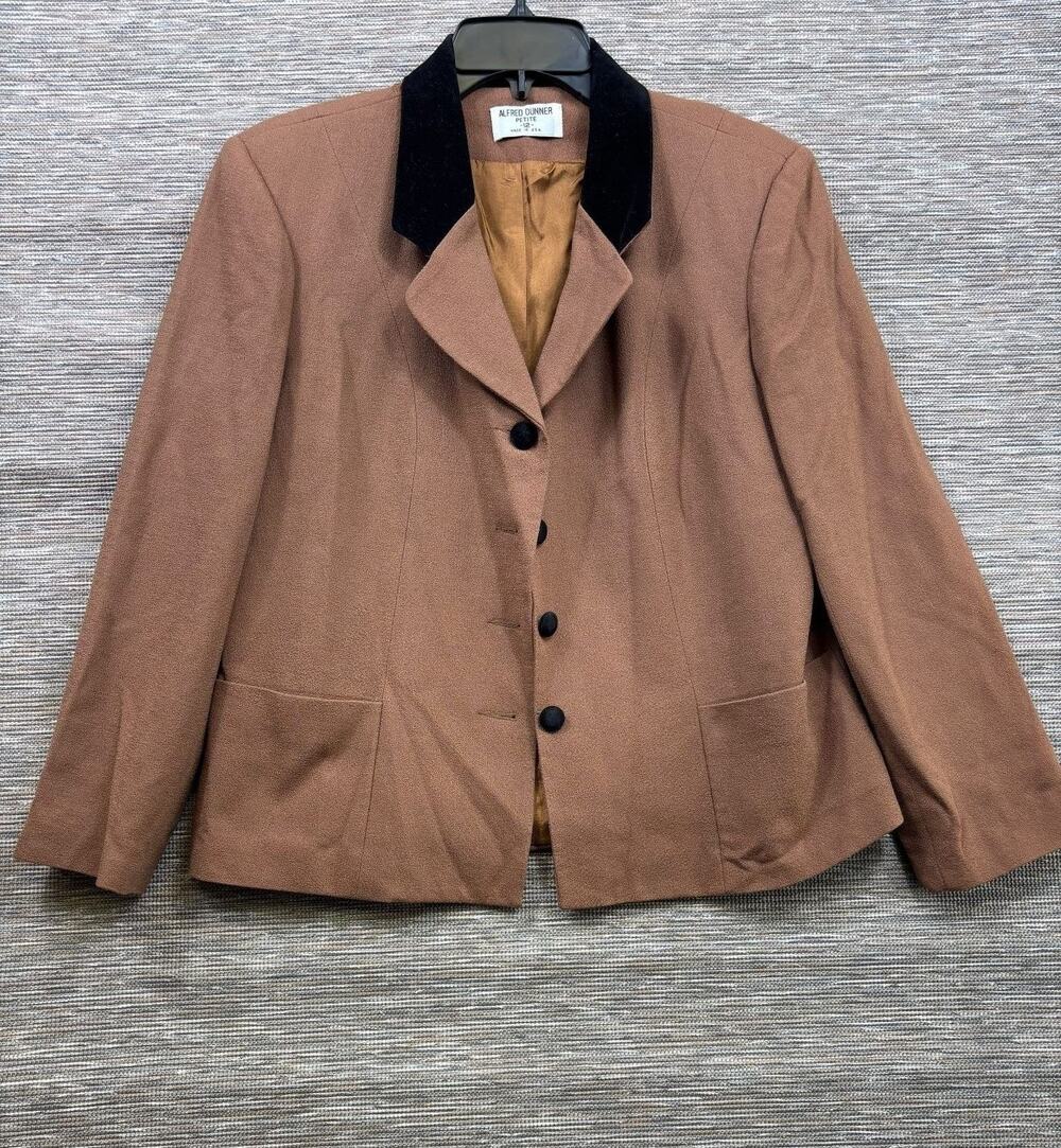 Vintage Alfred Dunner Blazer Womens Size 12P Brown Wool Lined Velvet Collar